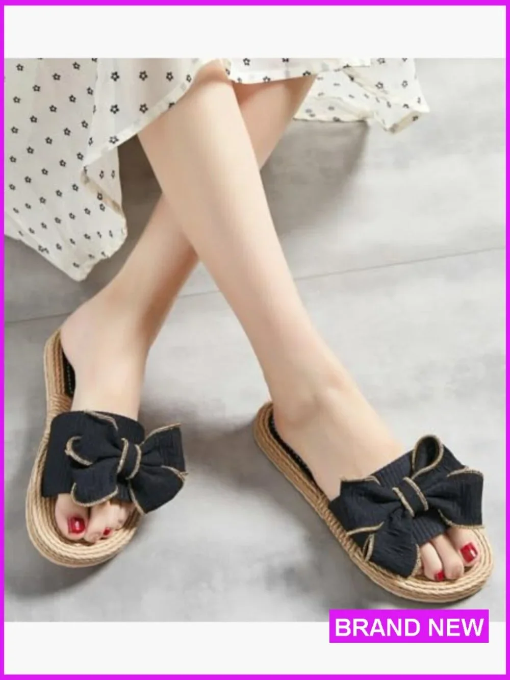 Straw Bow Flat Sandals Slide Slippers Summer Casual Outdoor Travel Dressy Chic